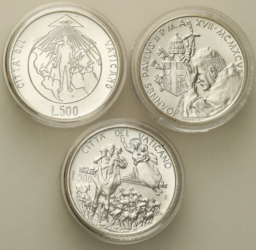Watykan. 500 lirów 1994-1996 - Jan Paweł II, zestaw 3 monet